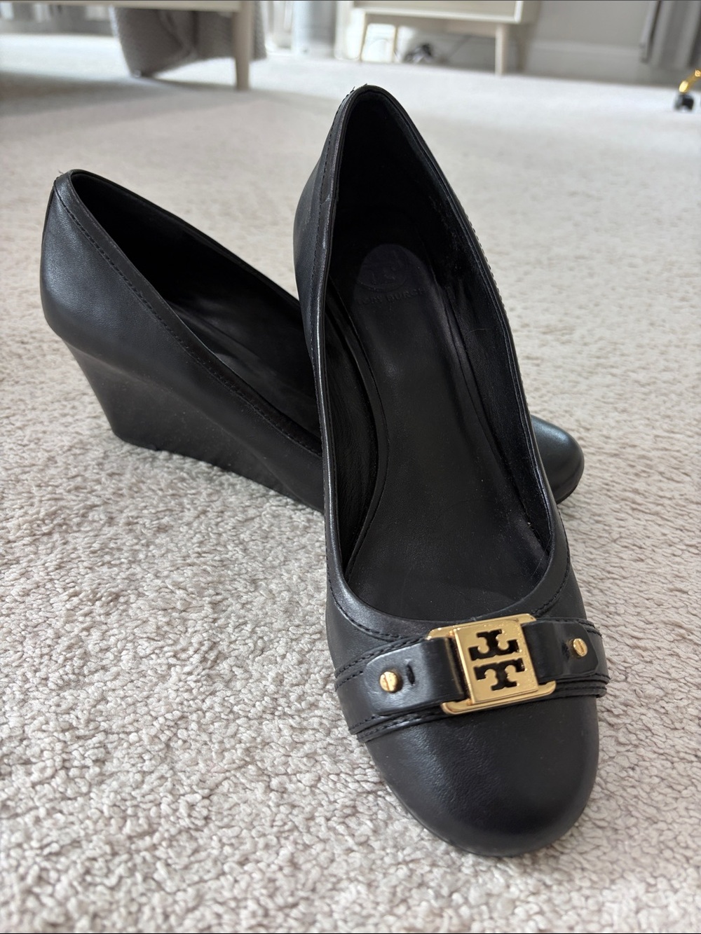 Tory Burch Black Leather Logo Wedge Heels with Gold Hardware